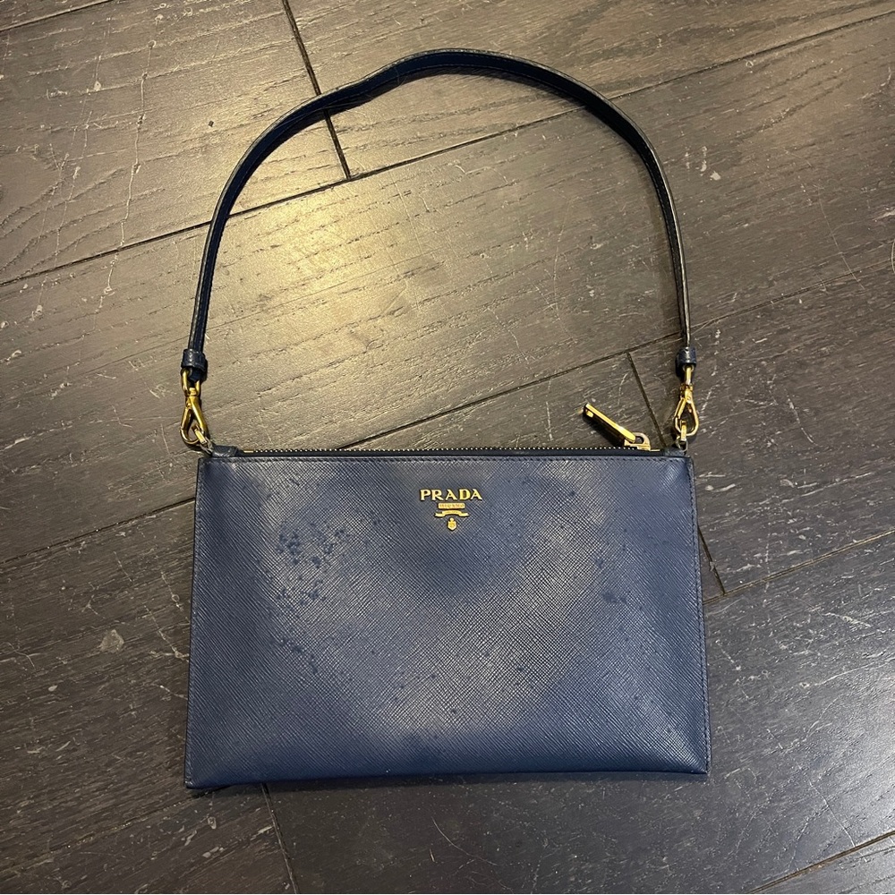Authentic Prada Navy Blue Saffiano Lux Leather Wristlet Clutch women handbag